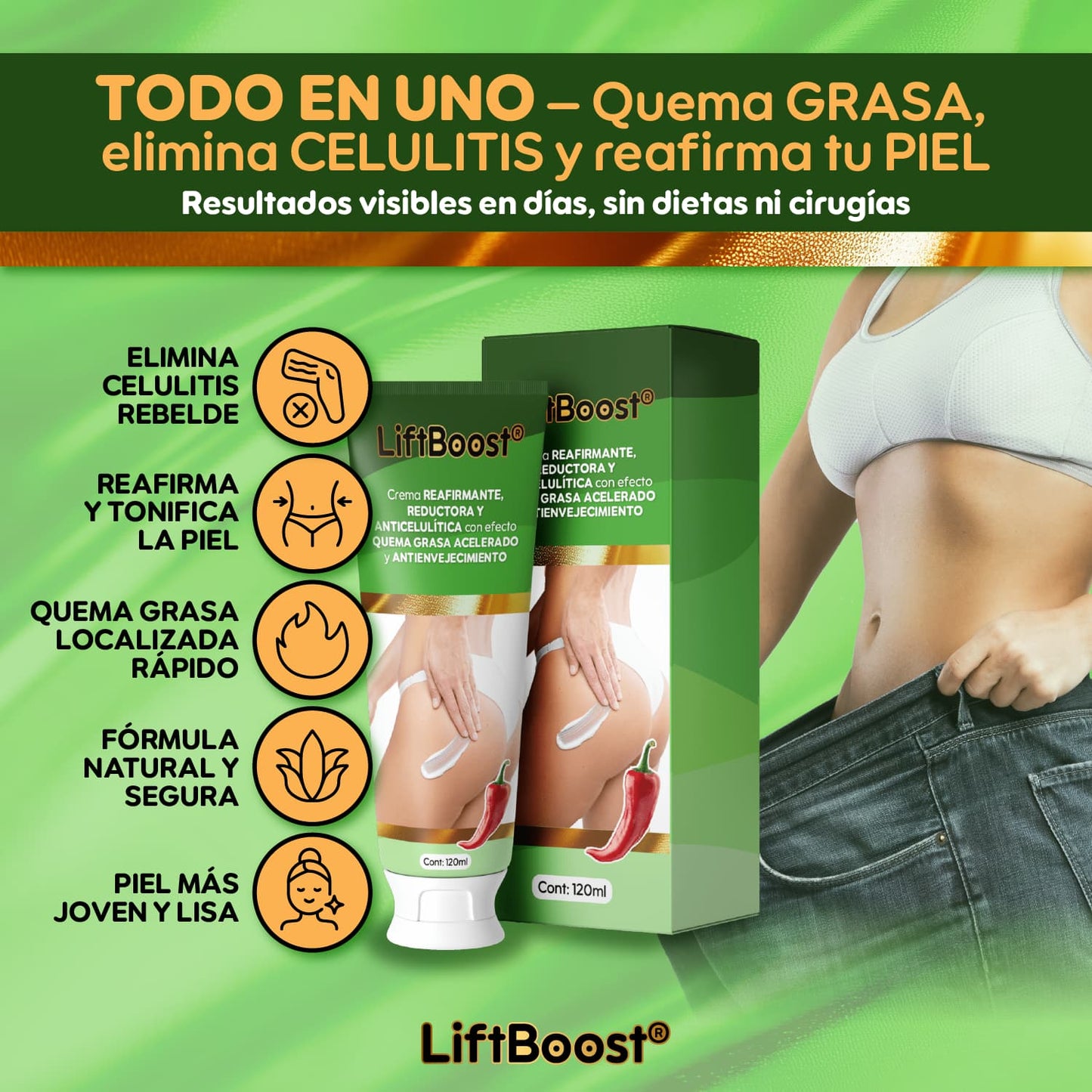 LiftBoost® – Crema Reafirmante & Quema Grasa Total | 1+1 GRATIS